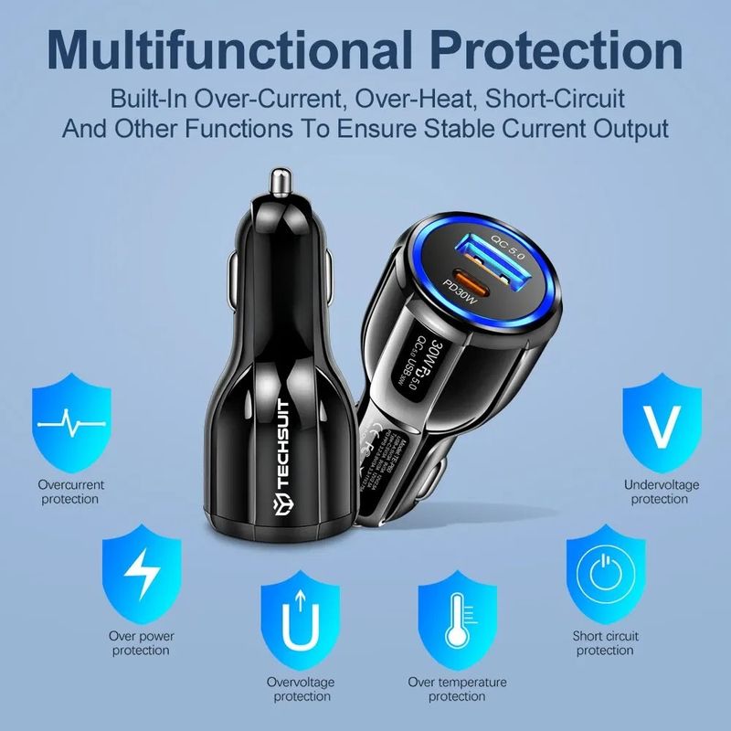 Laptop, Telefoane si Tablete - Telefoane mobile si accesorii - Accesorii Telefoane - Incarcatoare telefoane - Incarcator Auto USB-A QC 5.0 30W, USB-C PD30W - Techsuit Premium (TE-022) - Negru - Infinity.ro