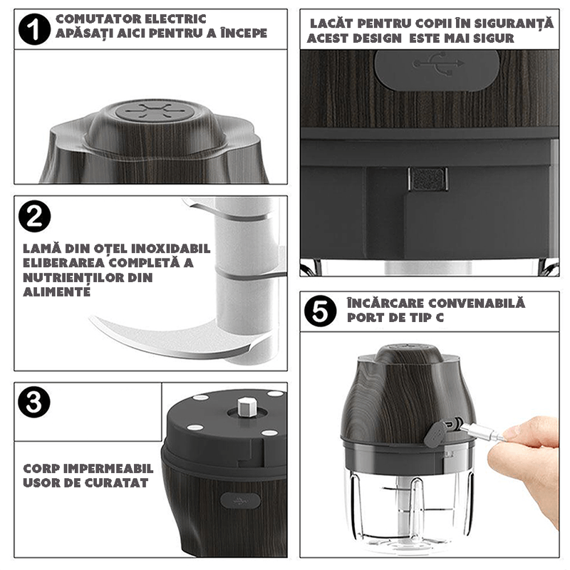 Electronice si Electrocasnice - Electrocasnice bucatarie - Mixere, tocatoare & roboti de bucatarie - Blendere si mini tocatoare - Tocator SMART portabil CYBERDUST, Coloana spoiler 3D, Otel, Incarcare USB-C, Curatare rapida, Rezistent la coroziune - Infinity.ro
