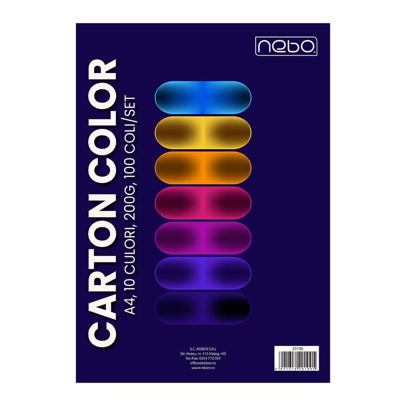 Carti si Birotica - Papetarie - Hartie si topuri - Carton - Carton color A4, 200g, 10 culori, 100 coli/set - NEBO - Infinity.ro