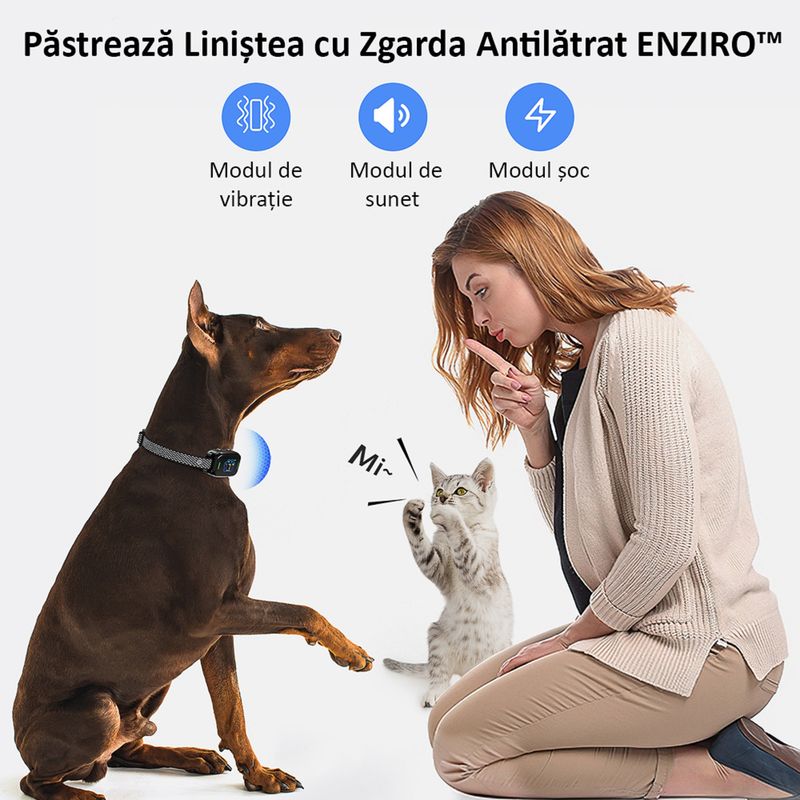 Petshop - Accesorii petshop - Zgarzi, lese si hamuri - Zgarzi - Zgarda Antilatrat Electrica Profesionala ENZIRO™, Display, 5 Moduri de lucru, 7 Nivele, Rezistenta la Apa, Praf,  Negru - Infinity.ro