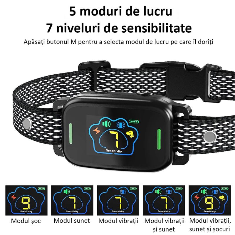 Petshop - Accesorii petshop - Zgarzi, lese si hamuri - Zgarzi - Zgarda Antilatrat Electrica Profesionala ENZIRO™, Display, 5 Moduri de lucru, 7 Nivele, Rezistenta la Apa, Praf,  Negru - Infinity.ro