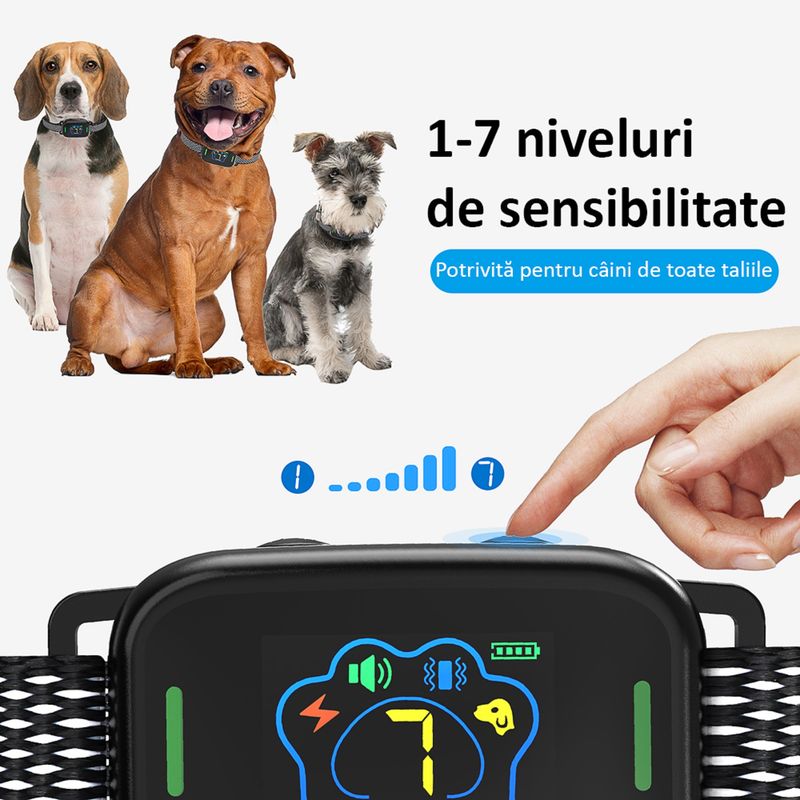 Petshop - Accesorii petshop - Zgarzi, lese si hamuri - Zgarzi - Zgarda Antilatrat Electrica Profesionala ENZIRO™, Display, 5 Moduri de lucru, 7 Nivele, Rezistenta la Apa, Praf,  Negru - Infinity.ro