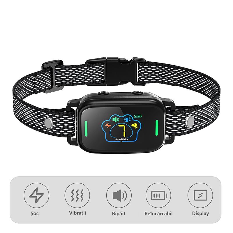 Petshop - Accesorii petshop - Zgarzi, lese si hamuri - Zgarzi - Zgarda Antilatrat Electrica Profesionala ENZIRO™, Display, 5 Moduri de lucru, 7 Nivele, Rezistenta la Apa, Praf,  Negru - Infinity.ro