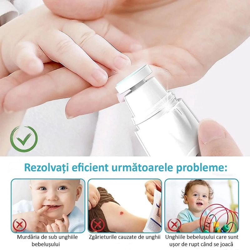 Jucarii, Copii si Bebe - Igiena si ingrijire - Accesorii ingrijire copii - Alte accesorii - Pila de Unghii Profesionala pentru Bebelusi ENZIRO™, Electrica, cu Unghiera, 6 Capete Incluse, Lumina LED, USB, Alba - Infinity.ro