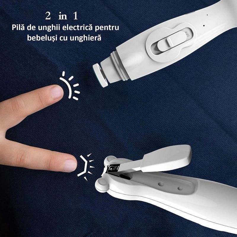 Jucarii, Copii si Bebe - Igiena si ingrijire - Accesorii ingrijire copii - Alte accesorii - Pila de Unghii Profesionala pentru Bebelusi ENZIRO™, Electrica, cu Unghiera, 6 Capete Incluse, Lumina LED, USB, Alba - Infinity.ro