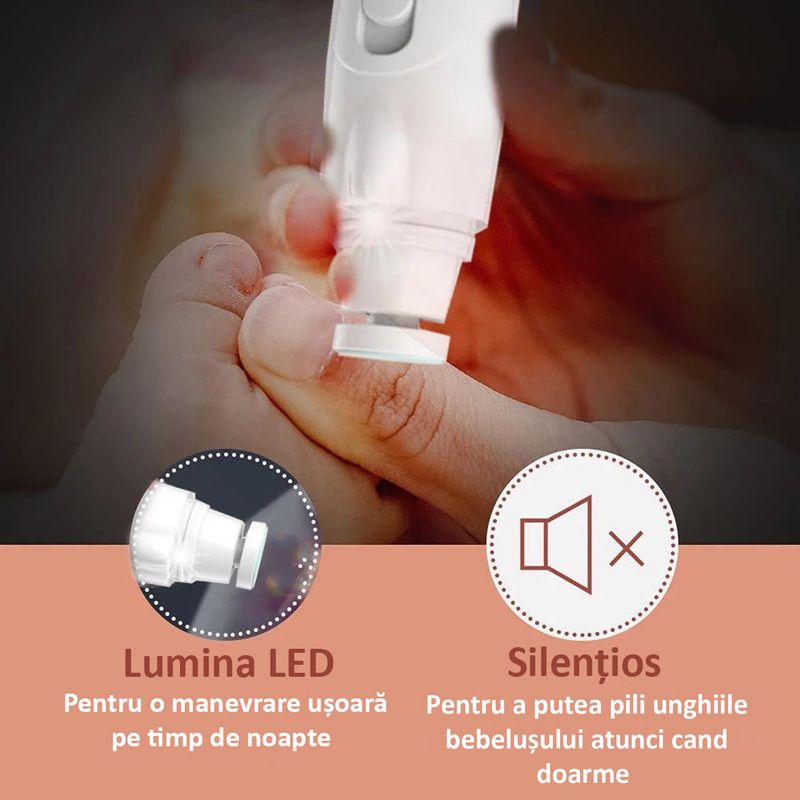 Jucarii, Copii si Bebe - Igiena si ingrijire - Accesorii ingrijire copii - Alte accesorii - Pila de Unghii Profesionala pentru Bebelusi ENZIRO™, Electrica, cu Unghiera, 6 Capete Incluse, Lumina LED, USB, Alba - Infinity.ro