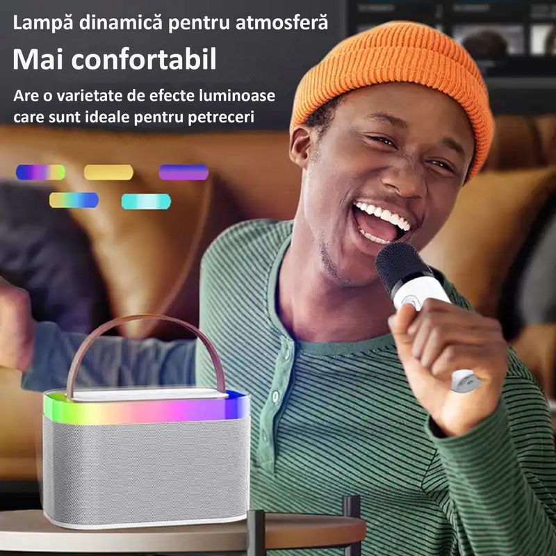 TV, Audio-Video si Foto - Audio profesionale - Microfoane profesionale - Microfon Karaoke pentru Copii si Adulti SMART ENZIRO™, Difuzor Separat cu Lumini LED, Conexiune Bluetooth, Wireless, Alb - Infinity.ro