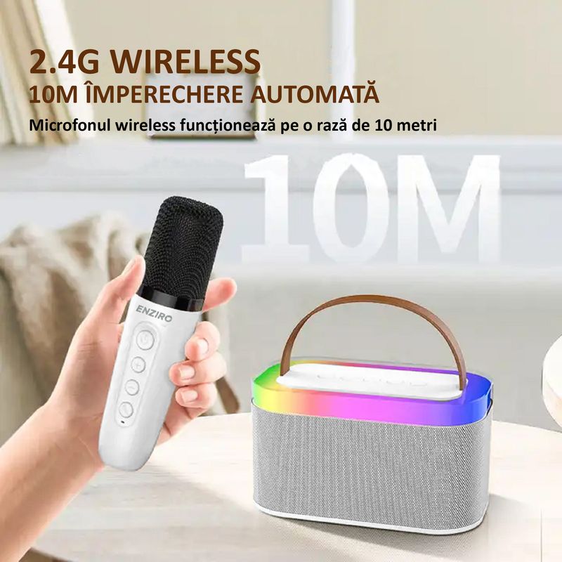TV, Audio-Video si Foto - Audio profesionale - Microfoane profesionale - Microfon Karaoke pentru Copii si Adulti SMART ENZIRO™, Difuzor Separat cu Lumini LED, Conexiune Bluetooth, Wireless, Alb - Infinity.ro