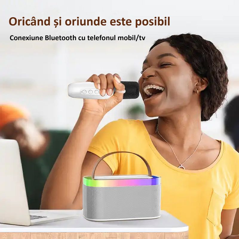 TV, Audio-Video si Foto - Audio profesionale - Microfoane profesionale - Microfon Karaoke pentru Copii si Adulti SMART ENZIRO™, Difuzor Separat cu Lumini LED, Conexiune Bluetooth, Wireless, Alb - Infinity.ro