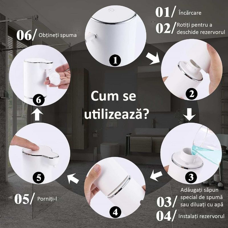 Casa si Gradina - Sanitare - Suporturi si accesorii baie - Dispensere - Dozator Profesional Sapun Lichid cu Spuma ENZIRO™, 3 Moduri, Senzor de Miscare, Rezistent la Apa, USB, Suport, 300 ml - Infinity.ro