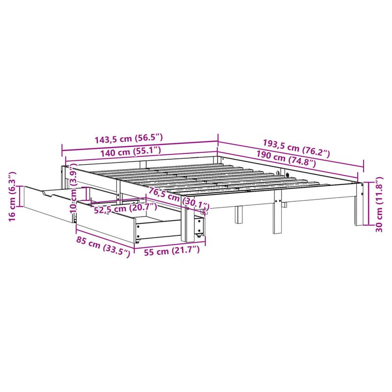 Casa si Gradina - Mobilier - Paturi si accesorii - Paturi - Cadru de pat cu sertare, 140x190 cm, lemn masiv de pin - Infinity.ro