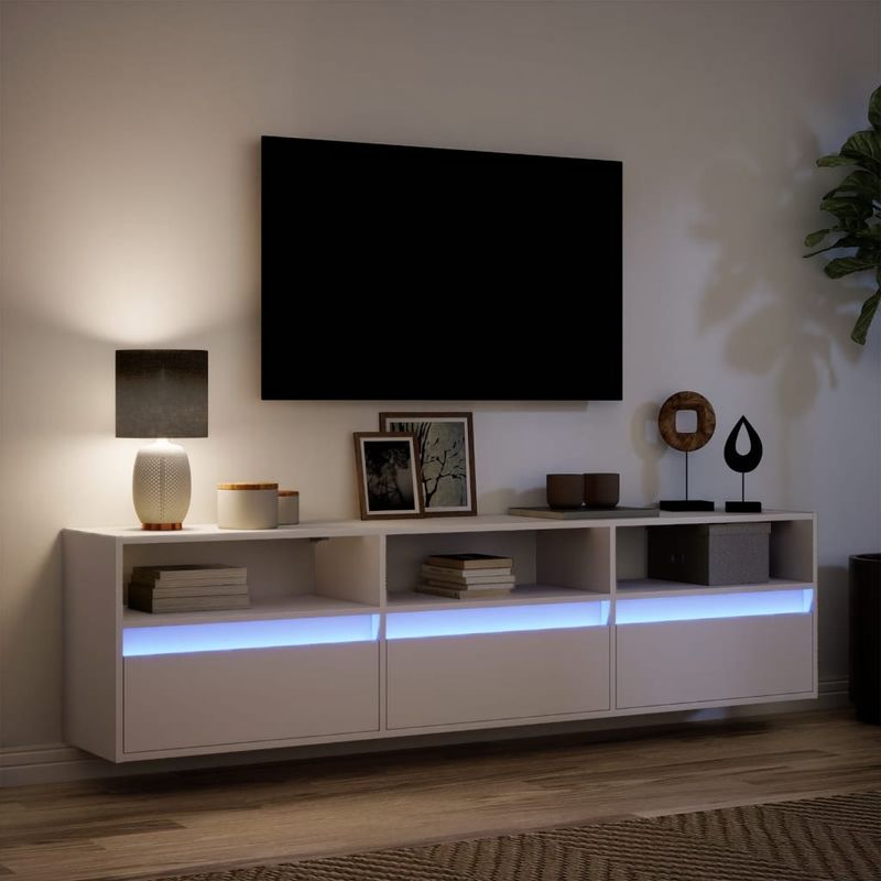 Casa si Gradina - Mobilier - Comode si corpuri - Comode - Comoda TV de perete cu lumini LED, alb, 180x31x45 cm - Infinity.ro
