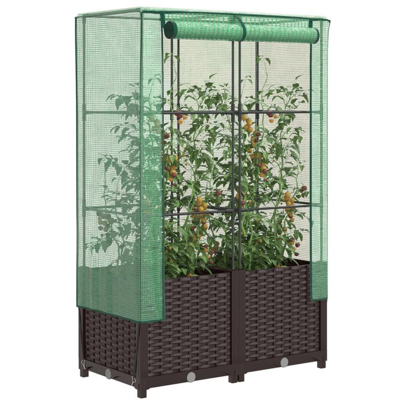 Casa si Gradina - Gradinarit si plante - Plante si ghivece - Ghivece si suporturi - Strat inaltat cu husa de sera, aspect ratan, 80x40x138 cm, maro - Infinity.ro
