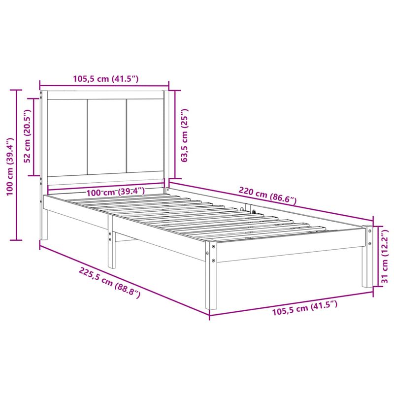 Casa si Gradina - Mobilier - Paturi si accesorii - Paturi - Cadru pat foarte lung fara saltea, 100x220 cm, lemn masiv - Infinity.ro