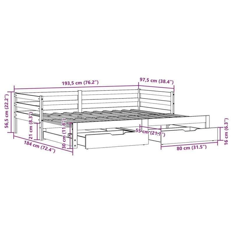 Casa si Gradina - Mobilier - Paturi si accesorii - Paturi - Pat zi cu extensie/sertare maro ceruit 90x190 cm lemn masiv pin - Infinity.ro