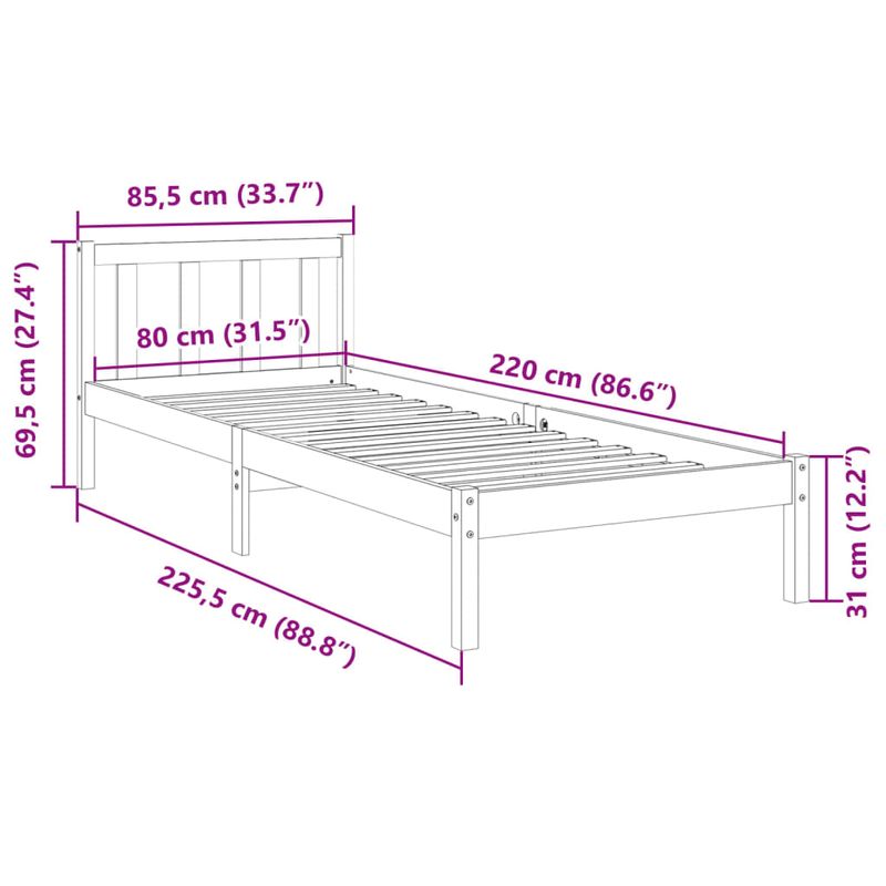 Casa si Gradina - Mobilier - Paturi si accesorii - Paturi - Cadru pat foarte lung fara saltea alb 80x220 cm lemn masiv pin - Infinity.ro