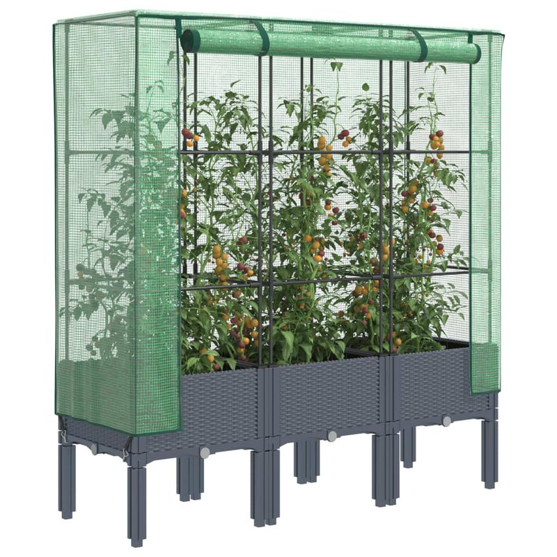Casa si Gradina - Gradinarit si plante - Plante si ghivece - Ghivece si suporturi - Strat inaltat cu husa de sera, aspect ratan, 120x40x140 cm, gri albastru - Infinity.ro