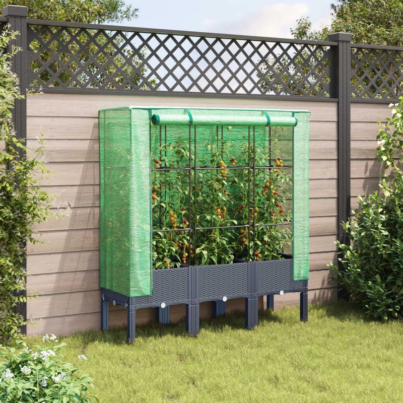 Casa si Gradina - Gradinarit si plante - Plante si ghivece - Ghivece si suporturi - Strat inaltat cu husa de sera, aspect ratan, 120x40x140 cm, gri albastru - Infinity.ro