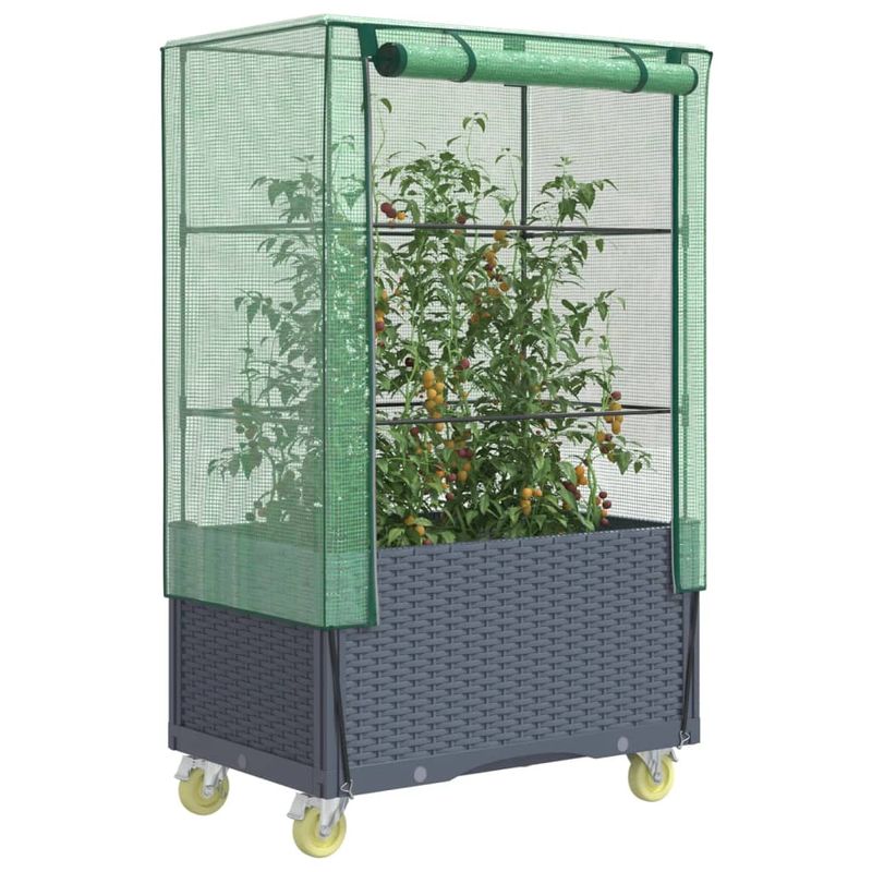 Casa si Gradina - Gradinarit si plante - Plante si ghivece - Ghivece si suporturi - Strat inaltat cu husa și roti, aspect ratan, 80x50x182 cm, gri albastru - Infinity.ro