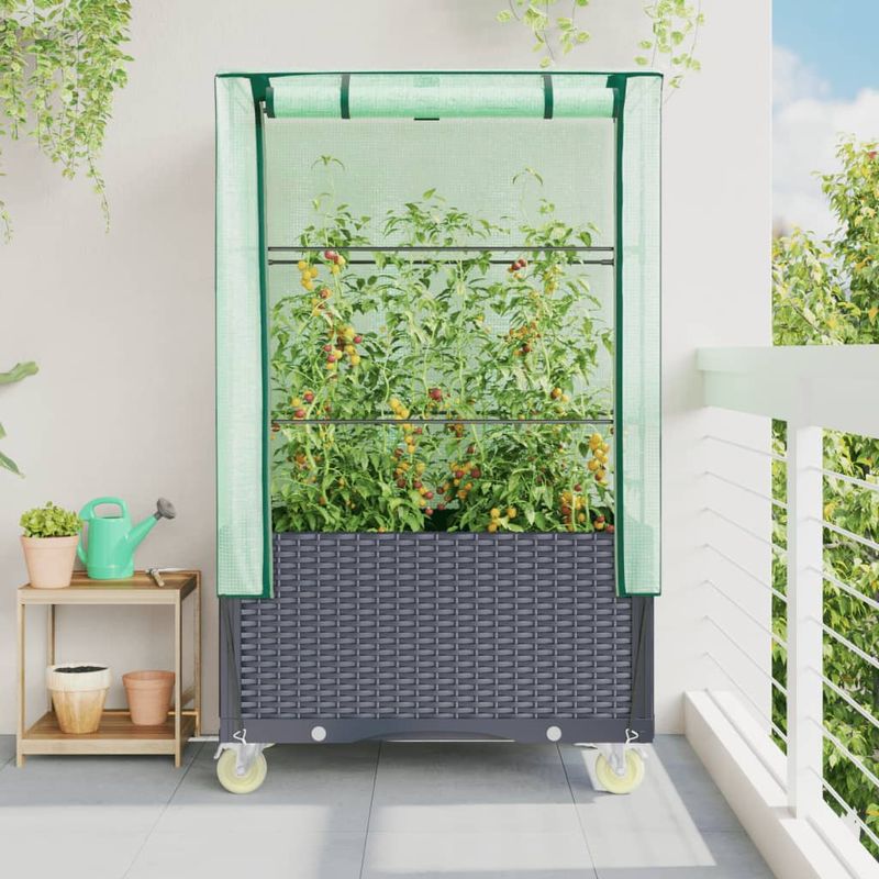 Casa si Gradina - Gradinarit si plante - Plante si ghivece - Ghivece si suporturi - Strat inaltat cu husa și roti, aspect ratan, 80x50x182 cm, gri albastru - Infinity.ro