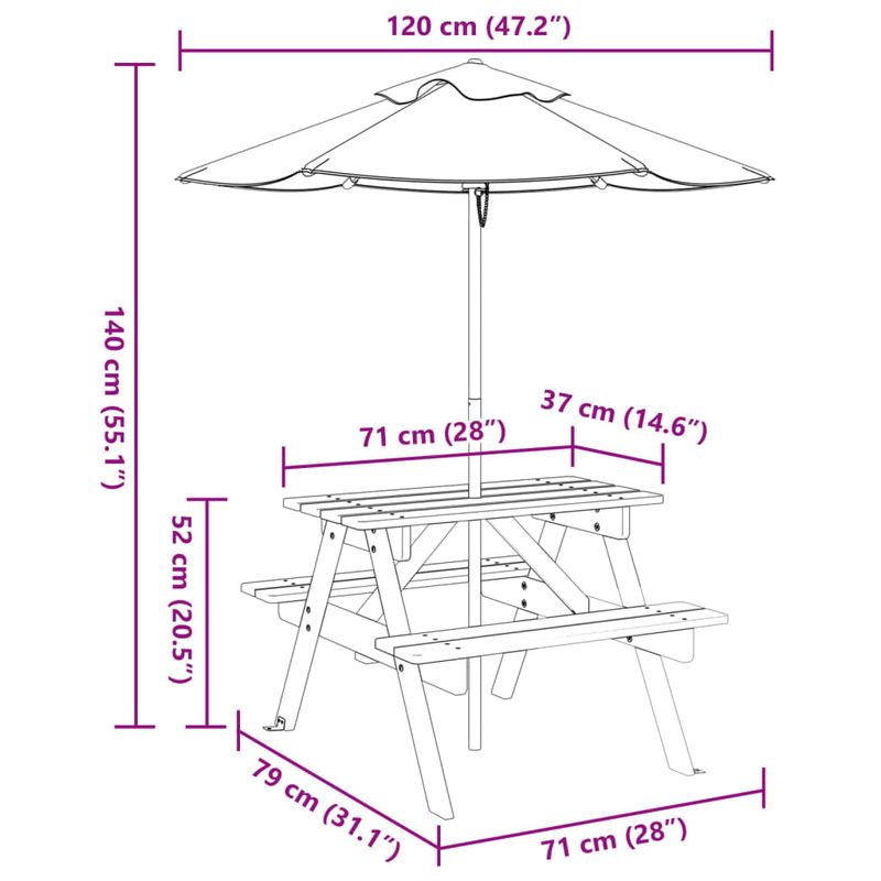 Casa si Gradina - Gradina si terasa - Mobilier exterior - Mese gradina - Masa de picnic pentru 4 copii, cu umbrela, lemn masiv brad - Infinity.ro