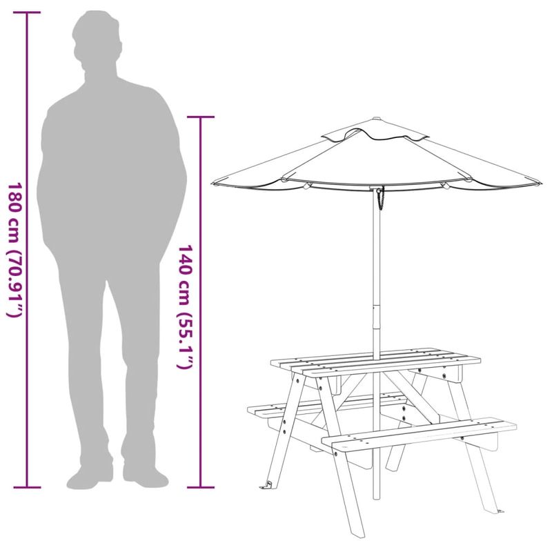 Casa si Gradina - Gradina si terasa - Mobilier exterior - Mese gradina - Masa de picnic pentru 4 copii, cu umbrela, lemn masiv brad - Infinity.ro