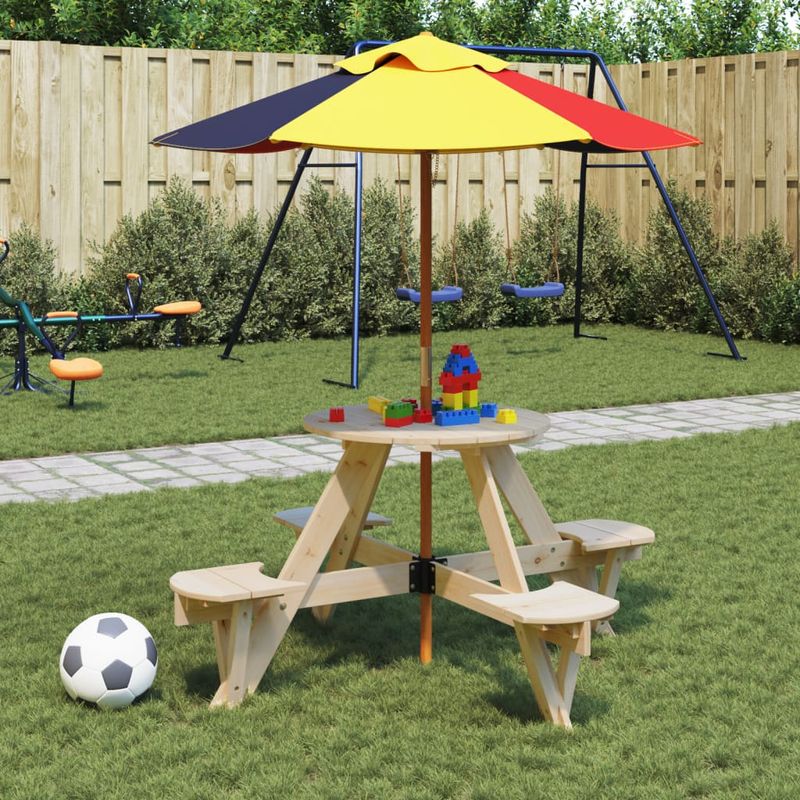 Casa si Gradina - Gradina si terasa - Mobilier exterior - Mese gradina - Masa picnic pentru 4 copii cu umbrela, rotunda, lemn masiv brad, maro și multicolor - Infinity.ro