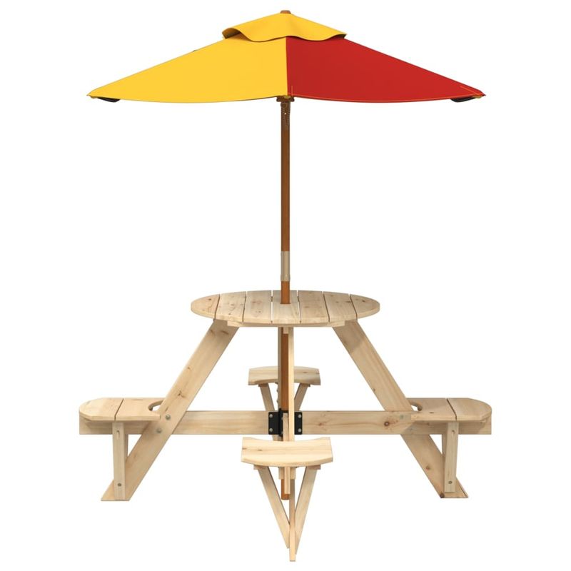 Casa si Gradina - Gradina si terasa - Mobilier exterior - Mese gradina - Masa picnic pentru 4 copii cu umbrela, rotunda, lemn masiv brad, maro și multicolor - Infinity.ro