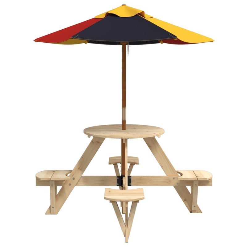 Casa si Gradina - Gradina si terasa - Mobilier exterior - Mese gradina - Masa picnic pentru 4 copii cu umbrela, rotunda, lemn masiv brad, maro și multicolor - Infinity.ro
