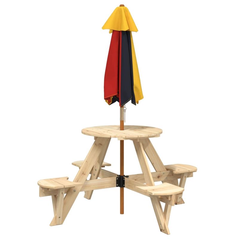 Casa si Gradina - Gradina si terasa - Mobilier exterior - Mese gradina - Masa picnic pentru 4 copii cu umbrela, rotunda, lemn masiv brad, maro și multicolor - Infinity.ro