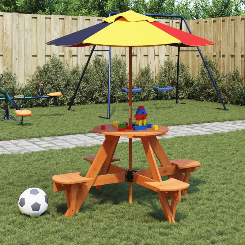 Casa si Gradina - Gradina si terasa - Mobilier exterior - Mese gradina - Masa picnic pentru 4 copii cu umbrela, rotunda, lemn masiv brad, maro închis și multicolor - Infinity.ro