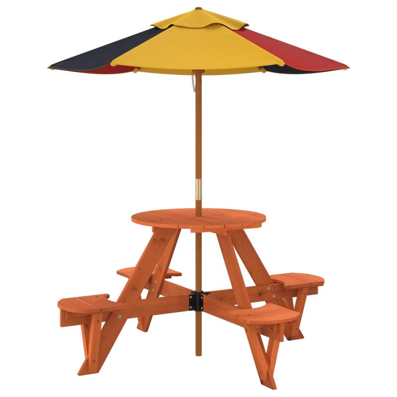 Casa si Gradina - Gradina si terasa - Mobilier exterior - Mese gradina - Masa picnic pentru 4 copii cu umbrela, rotunda, lemn masiv brad, maro închis și multicolor - Infinity.ro