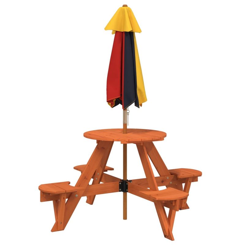 Casa si Gradina - Gradina si terasa - Mobilier exterior - Mese gradina - Masa picnic pentru 4 copii cu umbrela, rotunda, lemn masiv brad, maro închis și multicolor - Infinity.ro