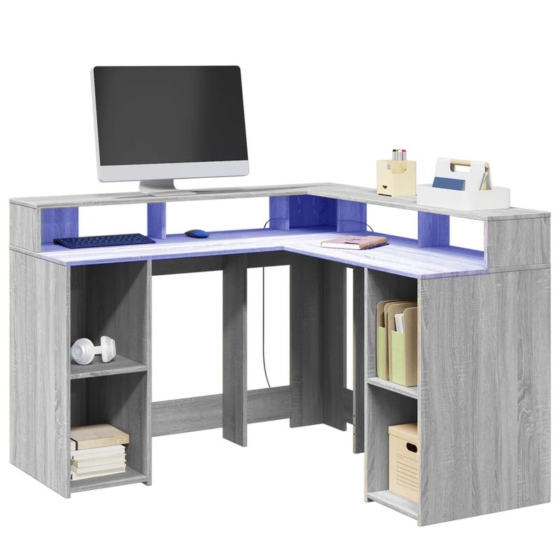 Casa si Gradina - Mobilier - Mese si birouri - Birouri - Birou cu lumini LED, gri sonoma, 130x130x91 cm, lemn prelucrat - Infinity.ro