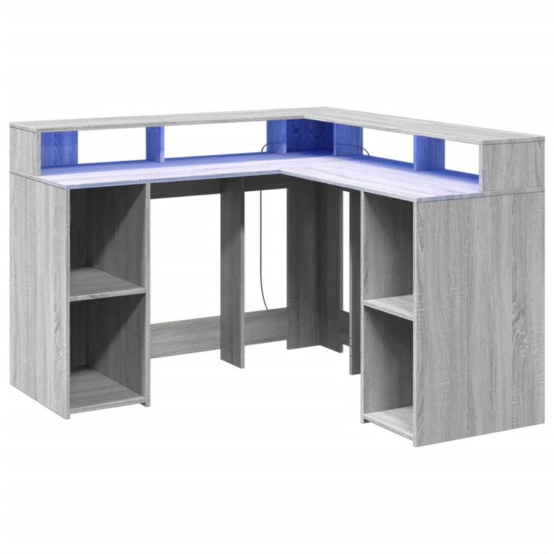 Casa si Gradina - Mobilier - Mese si birouri - Birouri - Birou cu lumini LED, gri sonoma, 130x130x91 cm, lemn prelucrat - Infinity.ro