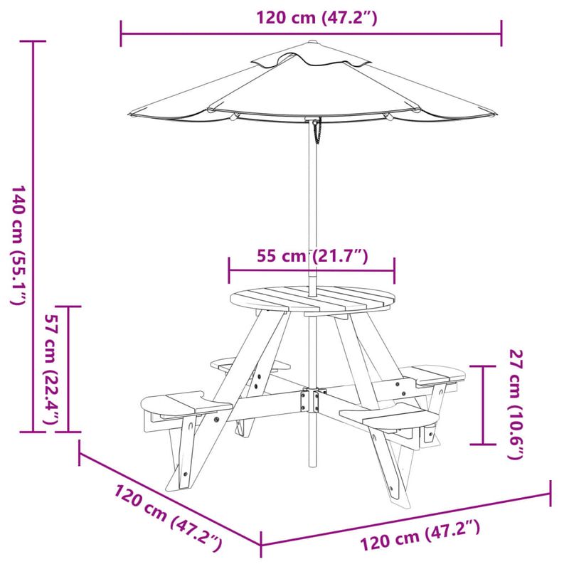 Casa si Gradina - Gradina si terasa - Mobilier exterior - Mese gradina - Masa picnic pentru 4 copii cu umbrela, rotunda, lemn masiv brad, maro și albastru - Infinity.ro