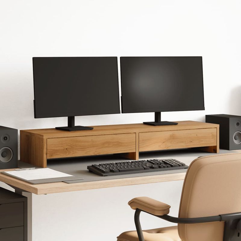 PC, gaming si accesorii - Desktop PC & monitoare - Accesorii monitoare - Suport monitor cu sertare, stejar artizanal, 100x27x15 cm, lemn - Infinity.ro