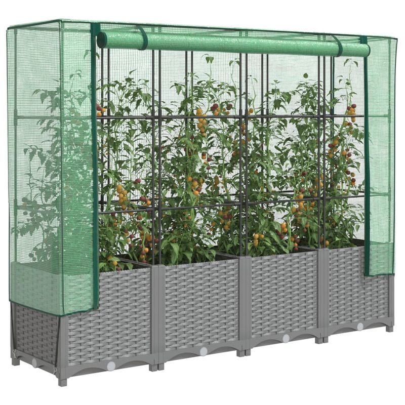 Casa si Gradina - Gradinarit si plante - Plante si ghivece - Ghivece si suporturi - Strat inaltat cu husa de sera, aspect ratan, 160x40x138 cm, gri deschis - Infinity.ro