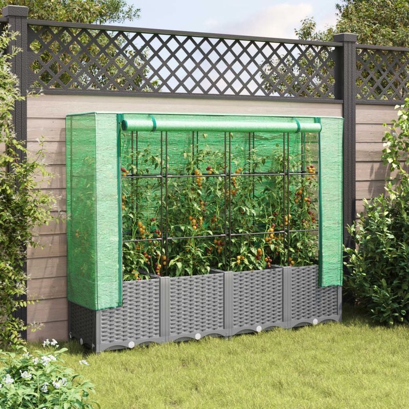 Casa si Gradina - Gradinarit si plante - Plante si ghivece - Ghivece si suporturi - Strat inaltat cu husa de sera, aspect ratan, 160x40x138 cm, gri deschis - Infinity.ro