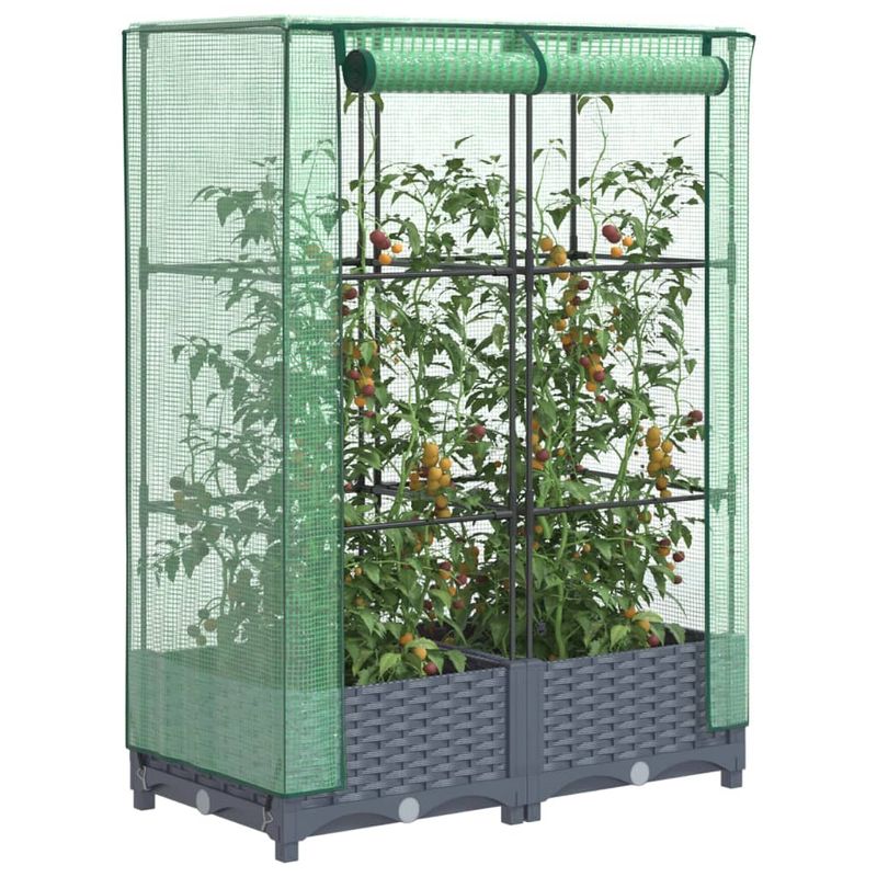 Casa si Gradina - Gradinarit si plante - Plante si ghivece - Ghivece si suporturi - Strat inaltat cu husa de sera, aspect ratan, 80x40x123 cm, gri albastru - Infinity.ro