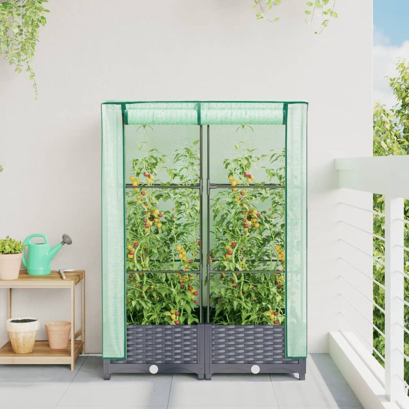 Casa si Gradina - Gradinarit si plante - Plante si ghivece - Ghivece si suporturi - Strat inaltat cu husa de sera, aspect ratan, 80x40x123 cm, gri albastru - Infinity.ro