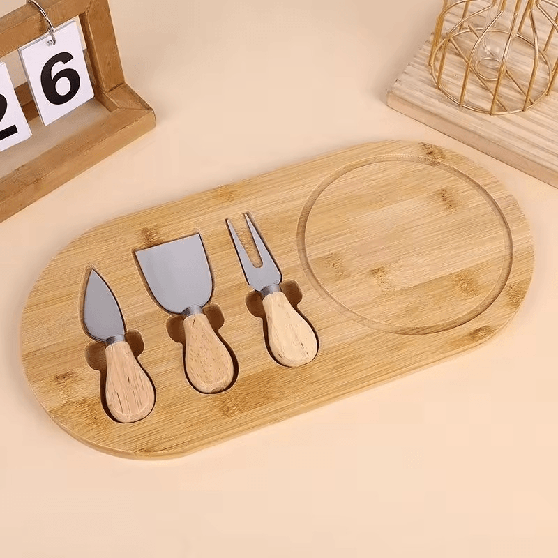 Casa si Gradina - Bucatarie si vesela - Vesela si tacamuri - Platouri de bucatarie - Set platou de branzeturi cu 3 ustensile pentru servire, Oval, din lemn, dimensiuni 36x18x1,5 cm  ABYZ™ - Infinity.ro