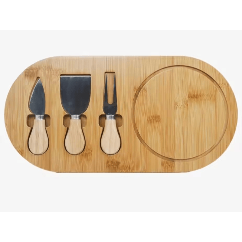 Casa si Gradina - Bucatarie si vesela - Vesela si tacamuri - Platouri de bucatarie - Set platou de branzeturi cu 3 ustensile pentru servire, Oval, din lemn, dimensiuni 36x18x1,5 cm  ABYZ™ - Infinity.ro