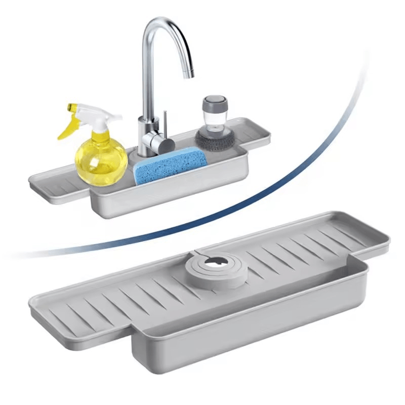 Casa si Gradina - Sanitare - Chiuveta bucatarie si accesorii - Accesorii chiuvete - Protectie chiuveta, antistropi, cu suport pentru burete, Silicon, dimensiuni 40,3x14,3x27,5cm culoare Gri ABYZ™ - Infinity.ro