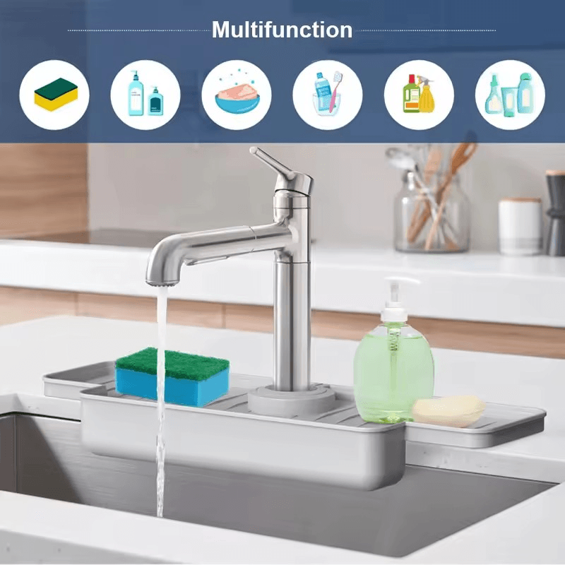 Casa si Gradina - Sanitare - Chiuveta bucatarie si accesorii - Accesorii chiuvete - Protectie chiuveta, antistropi, cu suport pentru burete, Silicon, dimensiuni 40,3x14,3x27,5cm culoare Gri ABYZ™ - Infinity.ro