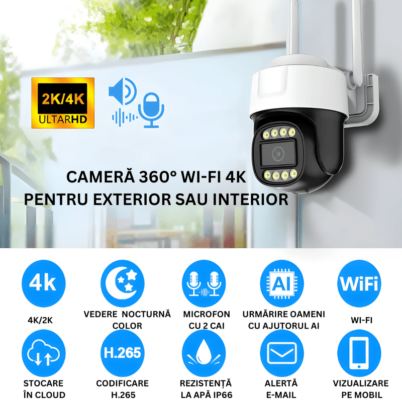 Casa si Gradina - Electrice - Smart Home - Camere de supraveghere - Camera de Supraveghere Ultra HD 4K/2K Exterior/Interior, Wi-Fi 2.4Ghz si 5Ghz, 360°, LED, Detectarea Miscarii - Infinity.ro