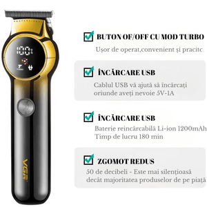 Aparat de Tuns Profesional VGR V-989 pentru Barba Contur & Corp Afisaj LED cu Acumulator Lame din Otel Inoxidabil