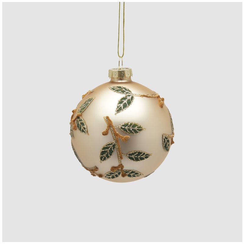 Casa si Gradina - Decoratiuni - Decoratiuni de sezon - Glob brad Craciun cu frunze si sclipici, 8 cm, auriu - Infinity.ro