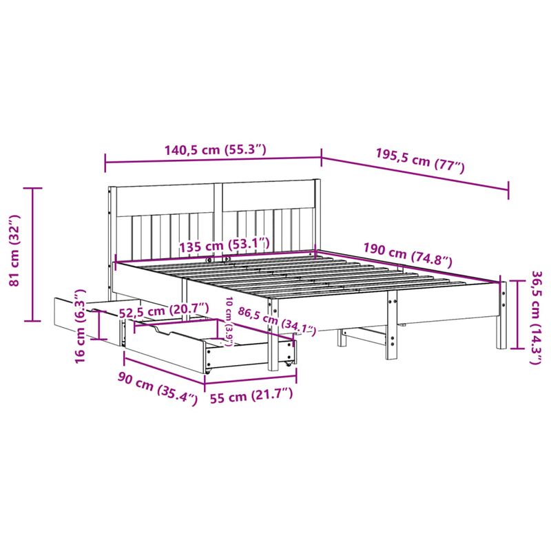 Casa si Gradina - Mobilier - Paturi si accesorii - Paturi - Cadru de pat fara saltea, 135x190 cm, lemn masiv de pin - Infinity.ro