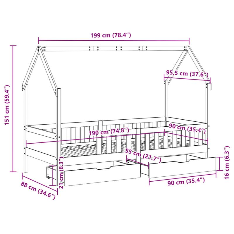 Casa si Gradina - Mobilier - Paturi si accesorii - Paturi - Cadru de pat pentru copii cu sertare, 90x190 cm, lemn masiv pin - Infinity.ro